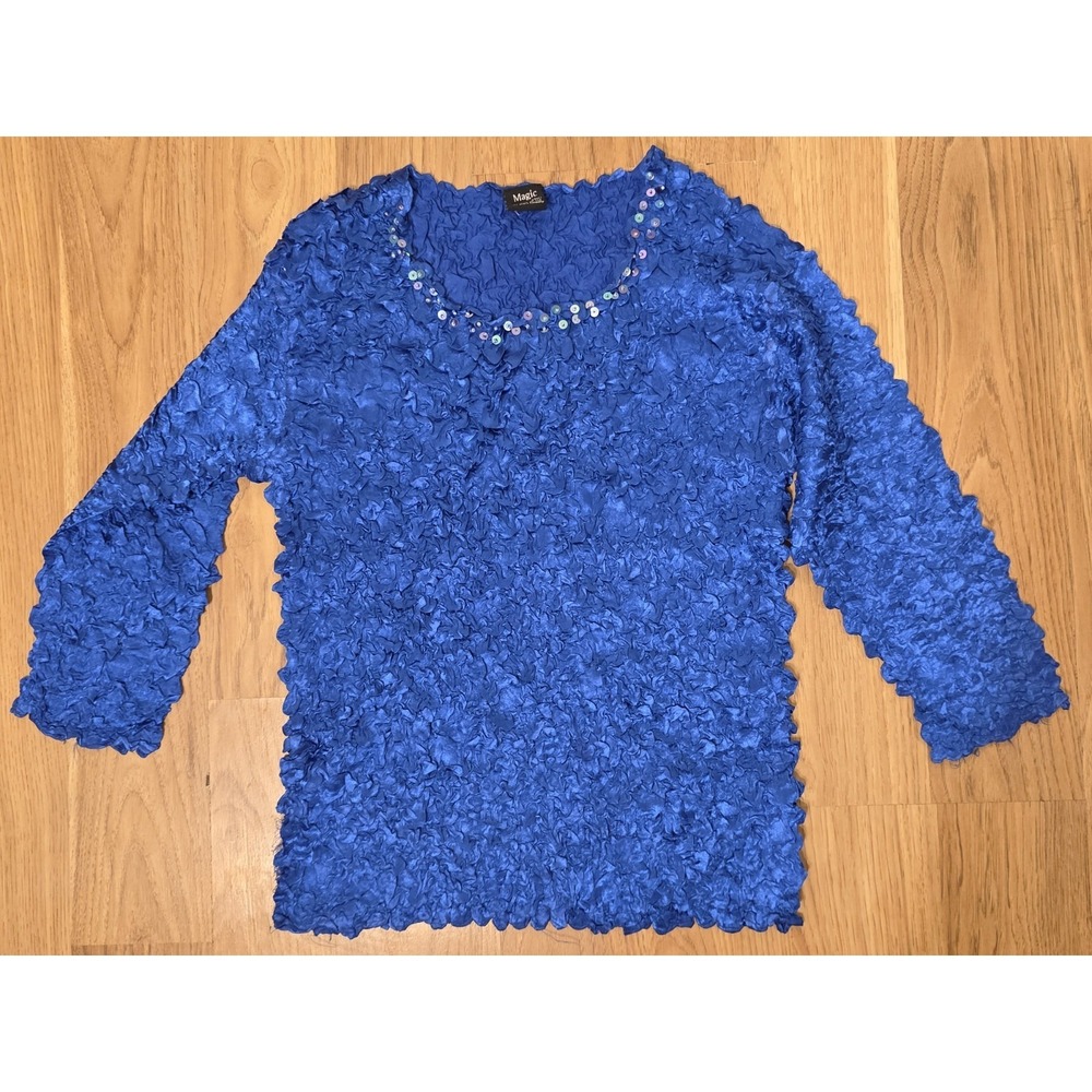 The Magic Scarf Crinkle Shirt‎ Blue OSFM Stetchy Blouse